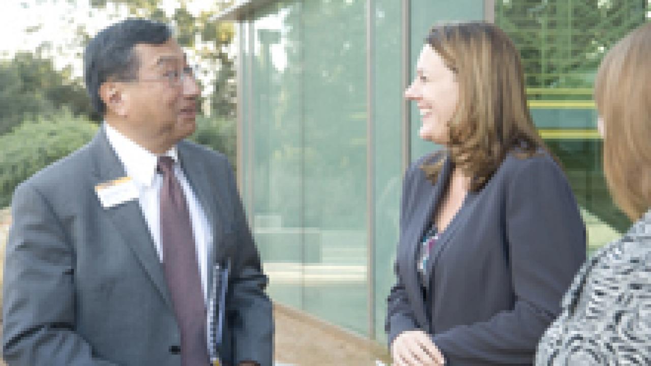 Winston Ko, dean of the Division of Mathematical and Physical Sciences, talks with California Assemblywoman Alyson Huber (D-El Dorado Hills) at the Nov. 5 dedication of the new Earth and Physical Sciences Building.