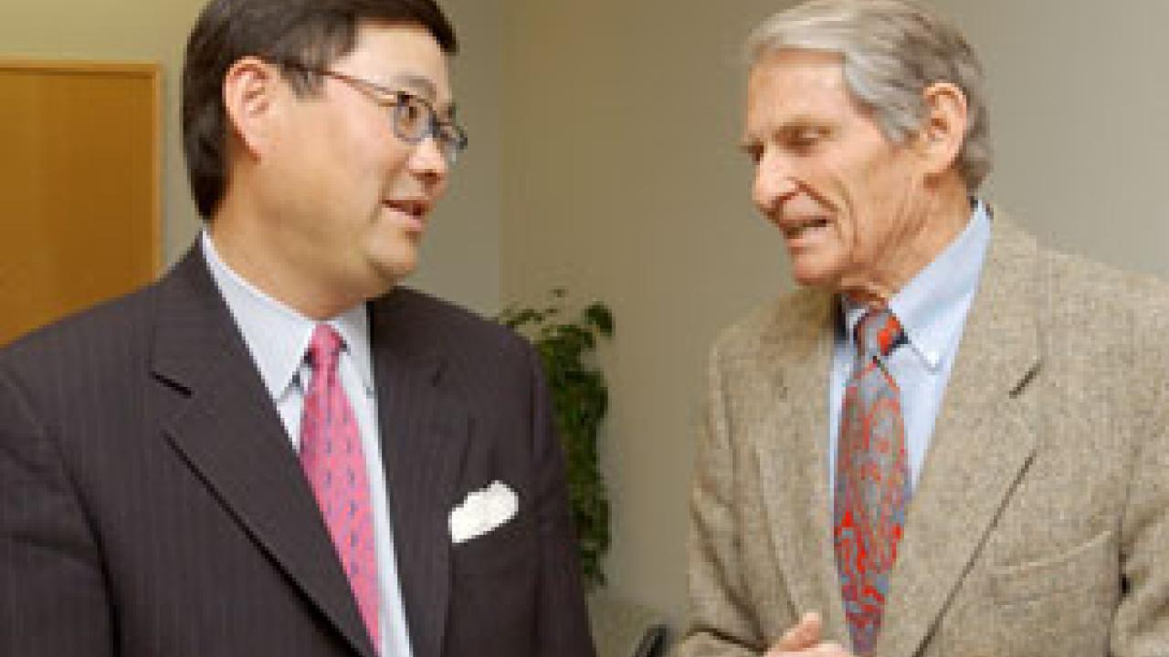 At an April 14 luncheon at the Institute of Governmental Affairs, Lon Hatamiya talks with longtime friend Richard Rominger, former U.S. deputy secretary of agriculture and a newly appointed UC Davis alumnus on the UC Board of Regents. At the eve