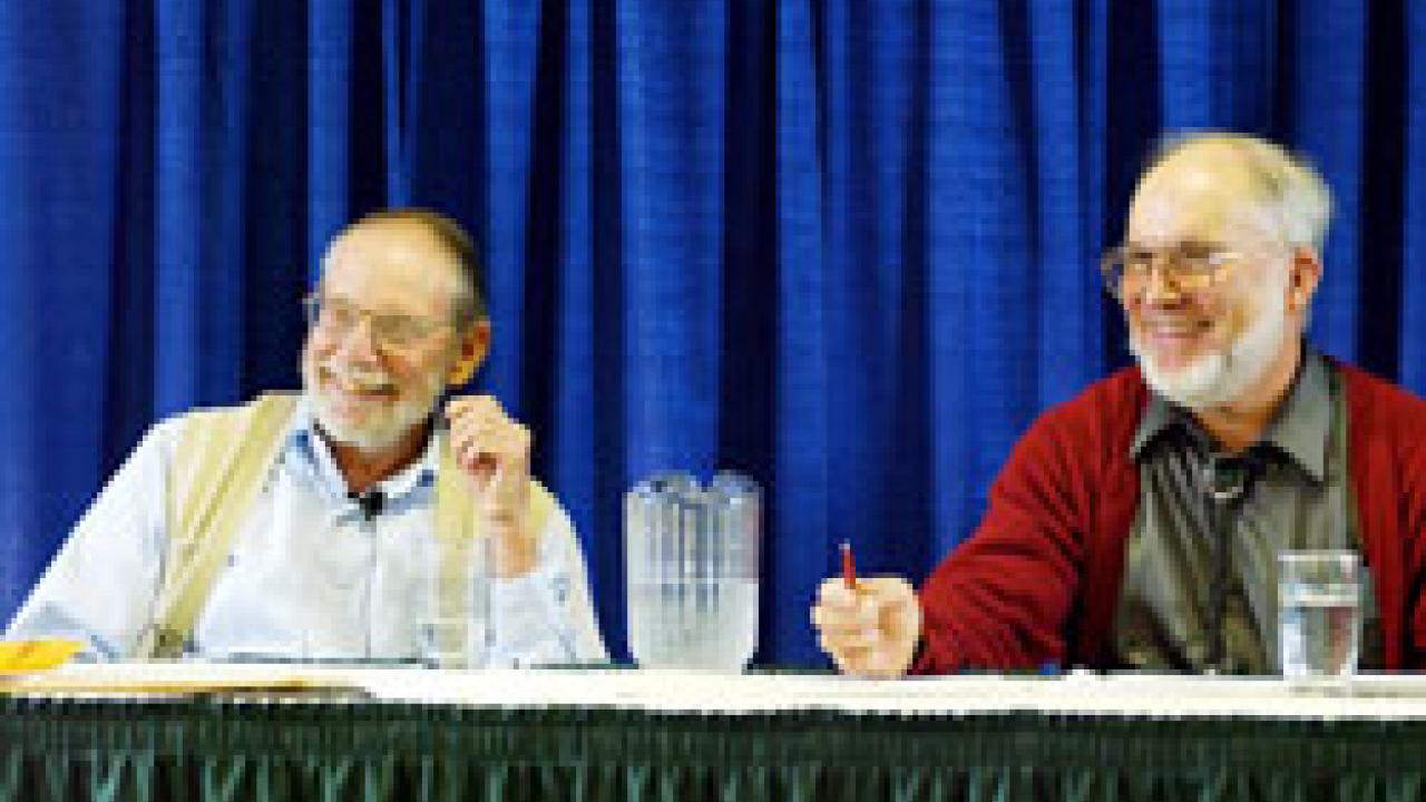 John McPhee, left, and Eldridge Moores share a chuckle during the talk.