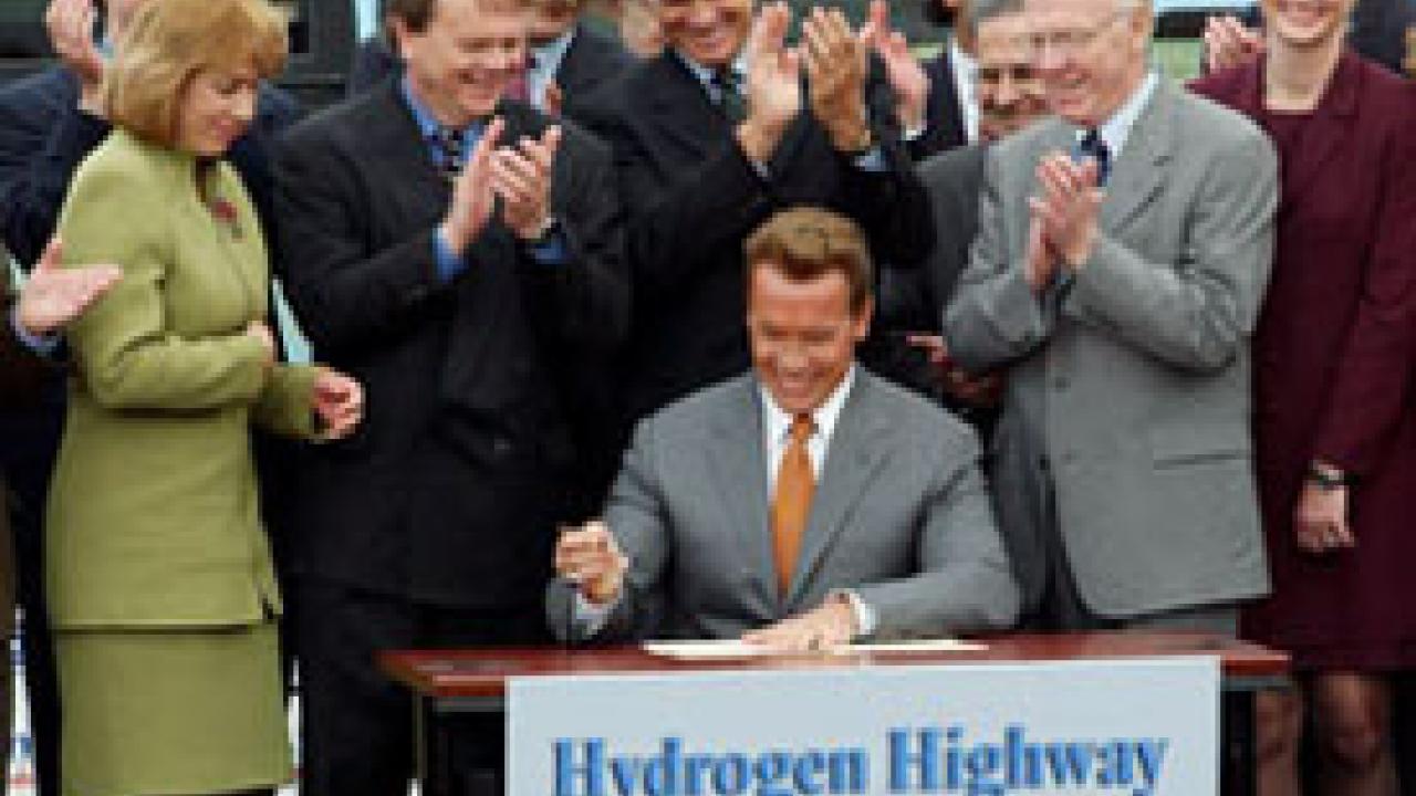 Gov. Arnold Schwarzenegger signs the executive order to launch the nation&rsquo;s first Hydrogen Highway Network April 20 at UC Davis.  