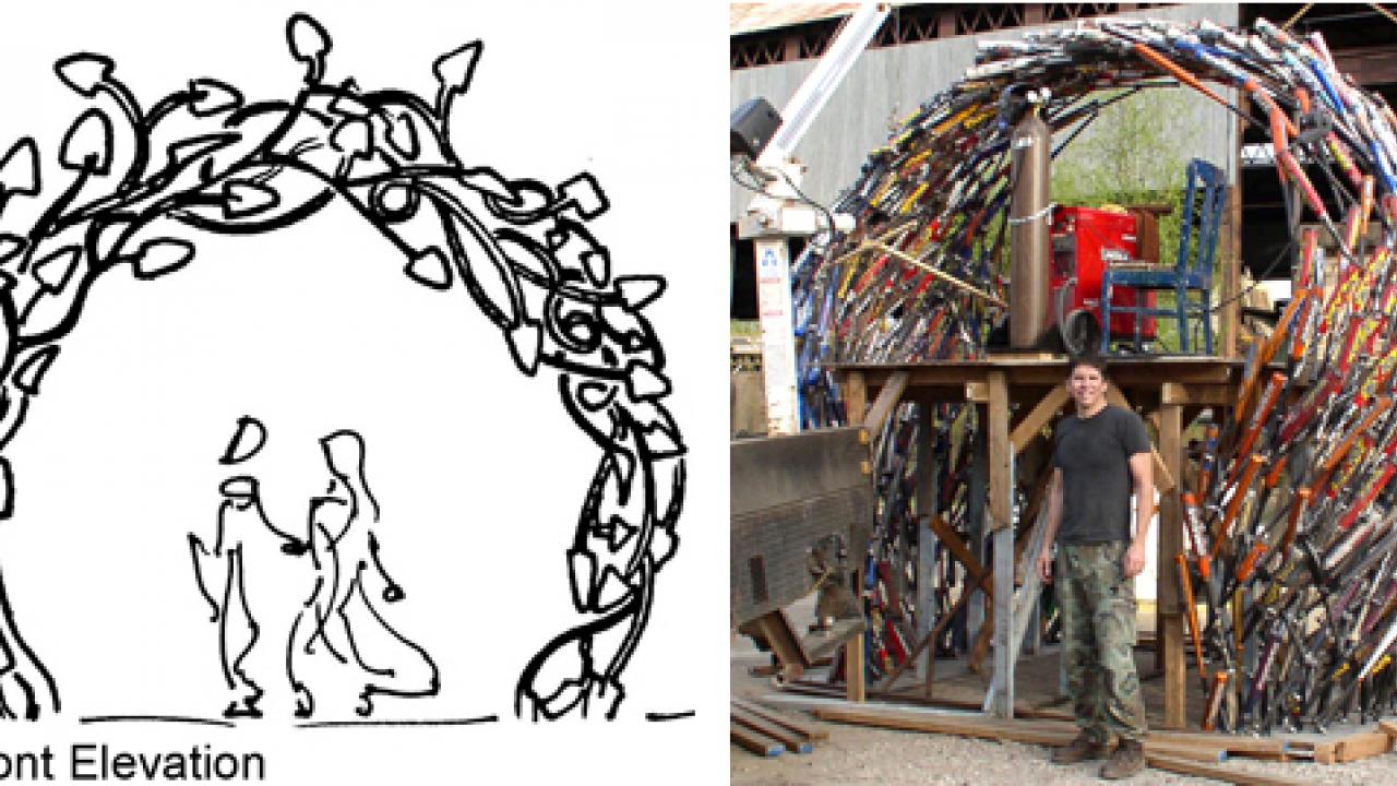Graphic and photo: Sketch of vine-inspired sculpture featuring old shovelheads, and Christopher Fennell, pictured with work in progress, Bats Baseball