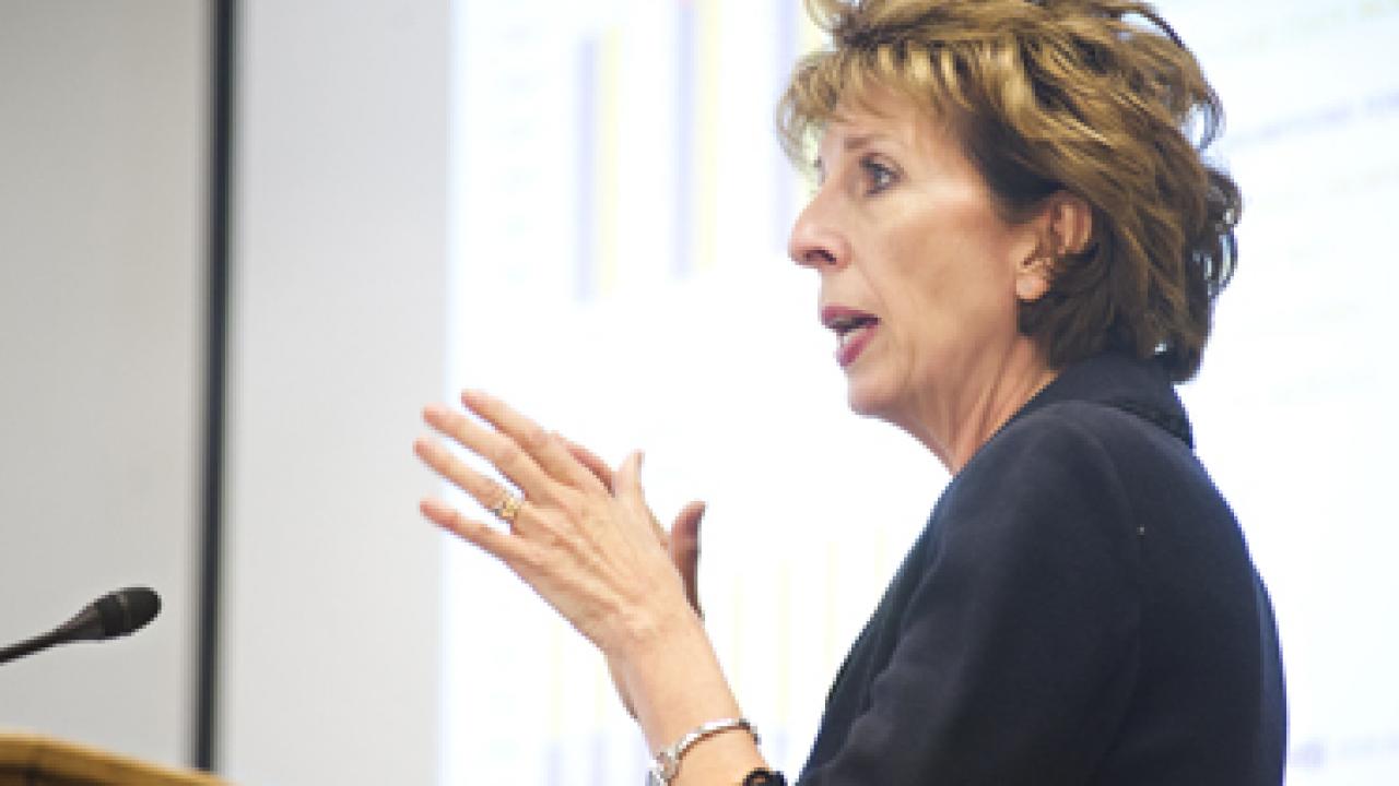 Photo: Chancellor Linda P.B. Katehi used a PowerPoint in her third state of the campus address to the Academic Senate's Representative Assembly.