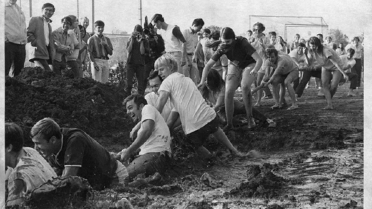Photo: Tug-of-war in the Frosh-Soph Brawl, circa 1968. Image from the university archives.