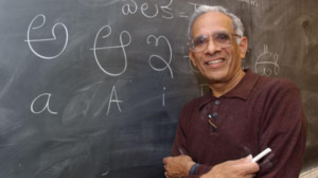 Applied science professor Rao Vemuri stands before the chalkboard after a freshman seminar class he teaches on the culture of India and Telugu, a language native to Vemuri&rsquo;s homeland. The professor has long integrated his cross-disciplinary in