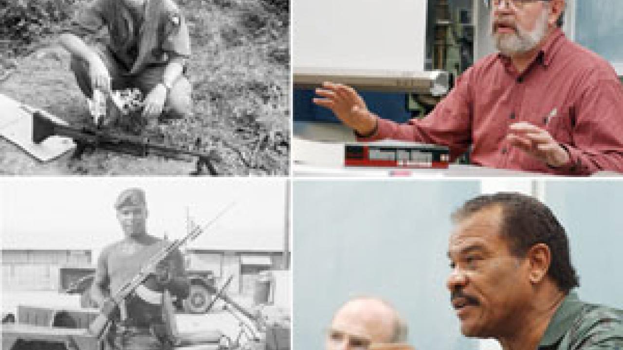 Michael Kelley, top right, and John Nesbitt, both of whom are also shown when in active duty in Vietnam at left above, help UC Davis students deepen their understanding of the controversial war.  