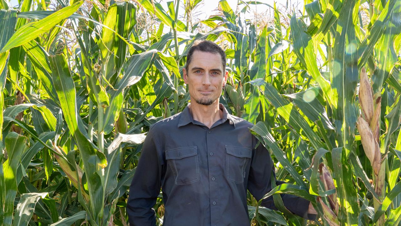 Head and shoulders of a man wearing a dark blue shirt standing in a cornfield. 