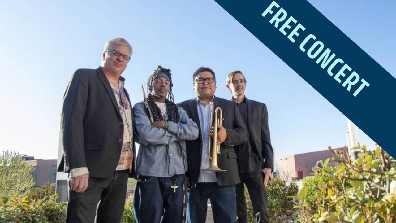 Band photographed outdoors with free concert banner superimposed on right