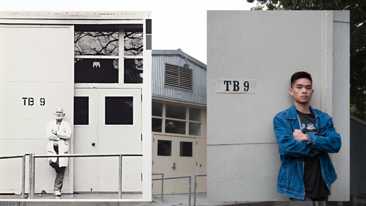 side by side images: on the left is Robert Arneson in a historical pose in front of TB 9; on the right is a UC Davis student assuming a similar pose