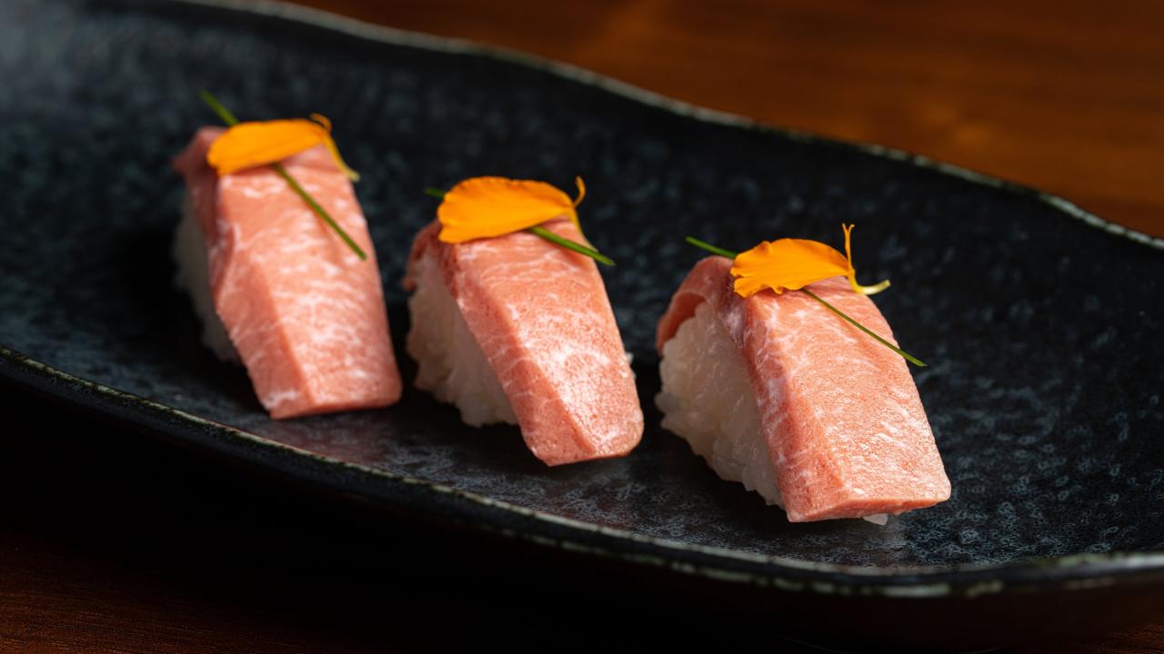 Three nigiri pieces of bluefin tuna toro made from cultivated protein. (BlueNalu)