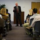 Chancellor Larry Vanderhoef discusses campus issues at the brown bag on Oct. 10.