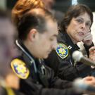 Photo: UC Davis police Capt. Joyce Souza and Lt. Nader Oweis participate in the "Gunrock Thunder" tabletop exercise.
