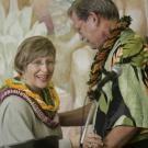 University of Hawaii President David McClain welcomes Virginia Hinshaw at a March 16 news conference where she was introduced as the new chancellor of