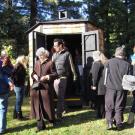 People visit the camera obscura in the UC Davis Arboretum.