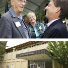 Dan Shadoan, right, congratulates Professor Emeritus of Physics John Jungerman at the dedication of John A. Jungerman Hall on June 1. Since 1966, the building has housed the Crocker Nuclear Laboratory; it was named in honor of Jungerman, the lab