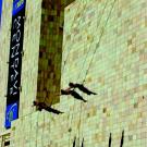 Photo: Project Bandaloop performs aerial acrobatics on the Mondavi Center's south wall in the finale of ribbon-cutting ceremony, Oct. 3, 2002.