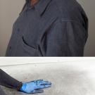 Photograph of man with mask, photograph of woman's arms and hands wearing blue gloves