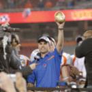 Boise State&rsquo;s Chris Petersen celebrates after his team&rsquo;s victory in the 2007 Fiesta Bowl.