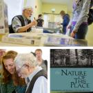 Photos (3): Professor Emeritus Gary Snyder signs copies of The Nature of This Place for students Giana Ciapponi and Samantha Dullea, plus an image of 