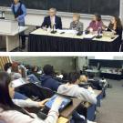 Photos (2): Aparna Sinha, co-chair of the Education Graduate Student Association, at the podium, next to the "UC Davis 101" panel; and the audience.