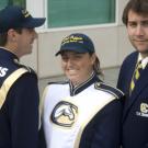 Band members Arbel Bedak, left, and Susanna Peeples in new uniforms, and Olin Hannum in student director's blazer.