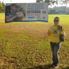 Photo: Tereza Chylkova shows off promotional banner for the Animal Adoptathon, on Russell Field.