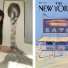 Photo and image: Alumna Hong Chun Zhang works on a drawing; and Wayne Thiebaud's painting "Hot-Dog Stand," on The New Yorker magazine cover, Dec. 3, 2