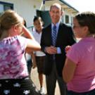 Harold Levine, dean of the School of Education, talks with students from the West Sacramento Early College Prep Charter School on the first day of classes Aug. 22.