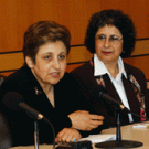 Suad Joseph, a campus expert in Middle Eastern family issues, looks on as Shirin Ebadi speaks candidly at Tuesday&rsquo;s press conference.