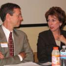Chancellor Linda Katehi confers with Vice Chancellor John Meyer at the Oct. 15 Staff Open Forum. Katehi and other administrators spoke on the vision for the campus, budget updates and initiatives for 2009-10, furloughs and campus closure issues.