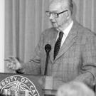 Clark Kerr, a key architect of California&rsquo;s Master Plan for Higher Education, speaks to about 170 people at UC Davis&rsquo; University Club in late 2001. Kerr said that from 1940 to 1970 UC faced &ldquo;Shockwave I&rdquo; &mdash; a time when multiple major ch