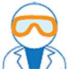 Graphic: Lab worker (cartoon-like character) in goggles.