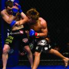 Urijah Faber throws a punch in his January 2009 first-round victory against mixed martial arts pioneer Jens Pulver in San Diego. Faber, a former Aggie wrestler, is seeking to regain his World Extreme Cagefighting featherweight title.
