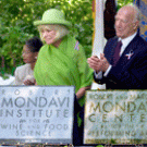 Margrit and Robert Mondavi display the name plaques for the Robert Mondavi Institute of Wine and Food Science, and the Robert and Margrit Mondavi Center for the Performing Arts.