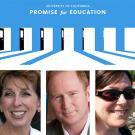 Graphic and photos (3): Promise for Education logo, plus Chancellor Katehi, Dean Lairmore and alumna Kopeck.