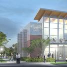 Graphic: rendering of a two story building with people walking down the sidewalk