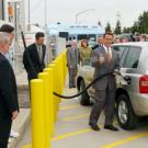 The governorn takes time to fill up at the campus&rsquo;s new public hydrogen fueling station.   