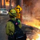 Firefighter in yellow firefighting gear walking toward a wildfire